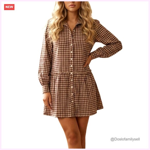 Dresses & Skirts - Long Sleeve Gingham Mini Dress with Ruffles and Bishop Sleeves